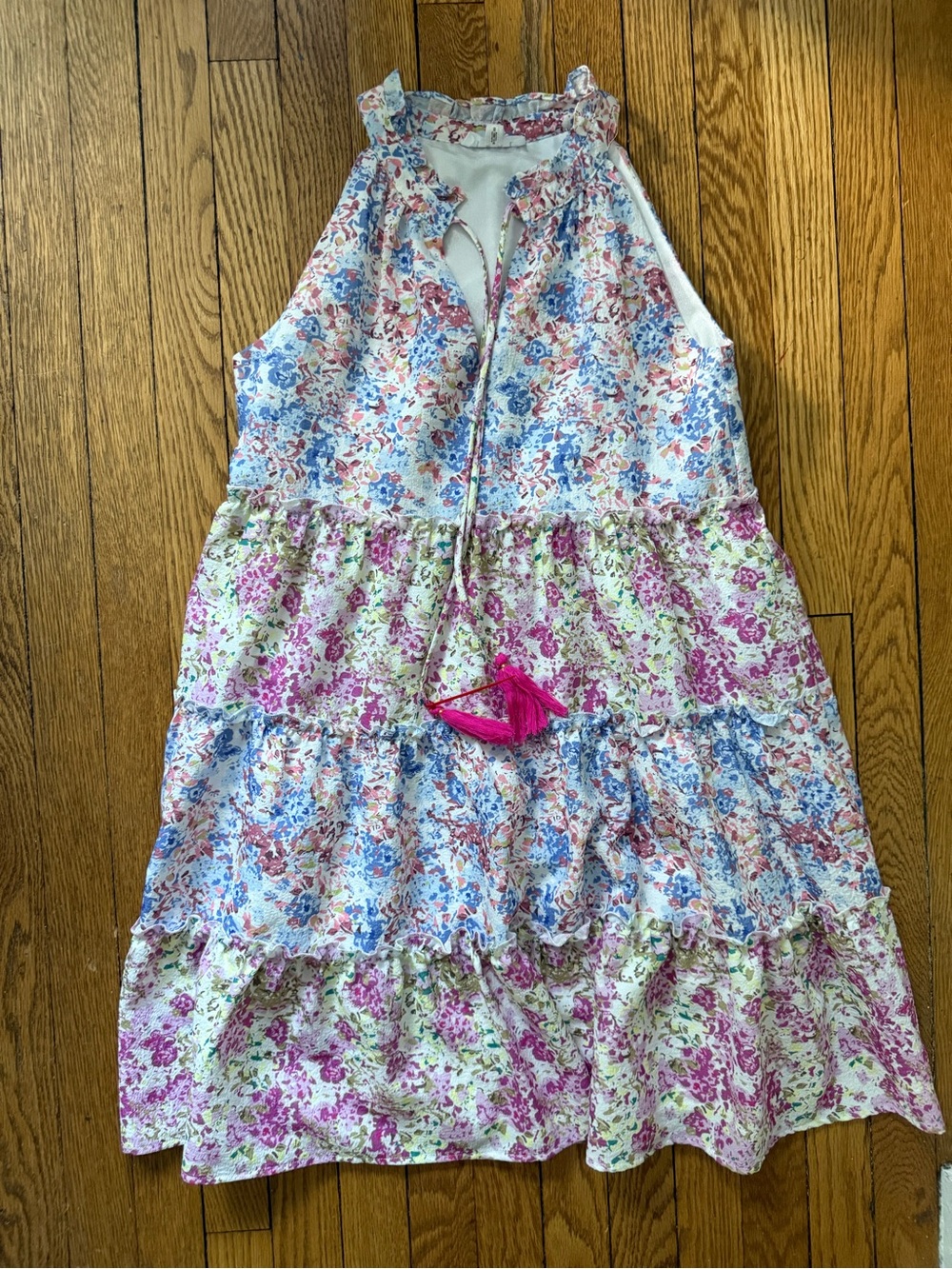 THML Pink & Blue Floral Tie-Front Ruffle Dress - Size Small